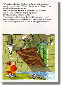 "Wir sind zwei friedliche Wanderer, die für die Nacht ein sicheres Quartier suchen!", ruft PETER dem Wachposten zu. "Könntet ihr uns in eurer Burg Unterkunft gewähren?" Der Ritter sieht sich die beiden Fremden von Kopf bis Fuß an. "Ihr seid nicht bewaffnet?", fragt er argwöhnisch. PETER und PETRA schütteln die Köpfe. "Na gut", sagt der Wachposten. "Dann will ich mal nicht so sein!" Zusammen mit einem anderen Ritter, der inzwischen auf dem zweiten Turm am Eingang aufgetaucht ist, lässt er die Zugbrücke herunter.