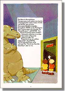 Nachdem sie den mächtigen Tyrannosaurus noch einmal von oben bis unten begutachtet haben, wollen PETER und PETRA zum nächsten Dinosaurier-Modell weitergehen. Da entdeckt PETER an der Wand hinter dem Tyrannosaurus eine schwarze Tür. "Einen Moment!", ruft PETER. "Das müssen wir uns mal näher ansehen." Unbemerkt schleichen sie an dem Dinosaurier vorbei zu der geheimnisvollen Tür. "Kannst du lesen, was auf dem Schild steht?", fragt PETRA. PETER geht ganz nahe an die schwarze Tür. "Zutritt nur für echte Dino-Fans!" liest er vor.