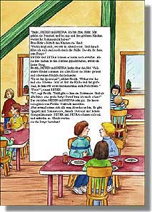 "Hallo, PETER und PETRA. Ich bin Frau Hofer. Mir gehört der Ponyhof, und bei mir und den größeren Kindern werdet ihr Reitunterricht haben!" Frau Hofer schüttelt den Kindern die Hand. "Freddi zeigt euch, wo wir zu Abend essen. Und danach führe ich euch auch noch durch die Ställe. Da seht ihr dann eure Ponys!" PETER und PETRA können es kaum noch erwarten. Als sie ihre Sachen in den Schrank gepackt haben, ertönt ein lauter Gong. Freddi, PETER und PETRA laufen über den Hof. Viele andere Kinder kommen aus allen Ecken des Hofes gerannt und schwatzen fröhlich durcheinander. "Da ist der Speisesaal!", erklärt Freddi. "Früher war das mal eine Scheune. Jetzt ist dort die Küche und der große Saal, in dem wir essen und manchmal auch Feste feiern." "Feste?", staunt PETER. "Ja", sagt Freddi. "Bald gibt es hier ein Reitturnier. Und als Abschluss eine große Party! Darauf freue ich mich schon!" Das verstehen PETER und PETRA sehr gut. Sie lassen sich gleich von Freddis Vorfreude anstecken. Aber erst mal setzen sich alle zum Abendessen hin. Es gibt Spagetti mit Tomatensoße, danach Obstsalat und leckere Orangenlimonade. PETER und PETRA schauen sich satt und zufrieden an. Gleich werden sie die Ponys besuchen!