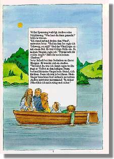 Voller Spannung verfolgt PETRA seine Schilderung. “Was hast du dann gemacht?“ will sie wissen. “Ich stand auf und drohte dem Wind“, antwortet Jesus. “Und zu dem See sagte ich: 'Schweig, sei still!' Und der Wind legte sich mit einem Mal. Es trat völlige Stille ein. Zu meinen Jüngern sagte ich: 'Warum habt ihr solche Angst? Habt ihr noch keinen Glauben?'“ Jesus lächelt bei dem Gedanken an dieses Ereignis. Er wendet sich an PETRA. “Verstehst du, was ich damit sagen wollte?“ fragt er. “Selbst in dem heftigen Sturm bestand für meine Jünger kein Grund, sich zu fürchten. Denn ich war ja bei ihnen. Meine Jünger brauchten bloß auf mich zu vertrauen.“ PETRA antwortet zustimmend: “In deiner Nähe fühle ich mich ruhig und sicher.“ 